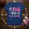 Just A Girl Who Loves Jesus & Basketball quote on a navy t-shirt with basketball and cross graphics