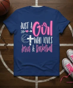 Just A Girl Who Loves Jesus & Basketball quote on a navy t-shirt with basketball and cross graphics