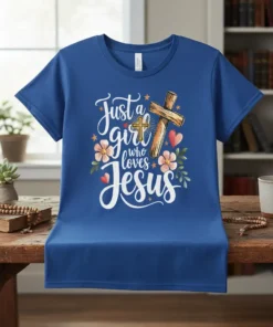 Blue t-shirt with white script text "Just a girl who loves Jesus" and a wooden cross graphic