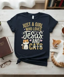Graphic t-shirt with "Just A Girl Who Loves Jesus And Cats" text, featuring a cute cat illustration and religious symbols