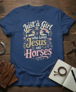 Just a Girl Who Loves Jesus AND Horses t-shirt with horses and floral graphics