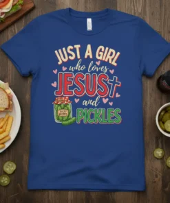 Just a Girl Who Loves Jesus and Pickles quote on a royal blue t-shirt with a pickle jar graphic