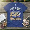 T-shirt with "Just a Girl Who Loves Jesus and Sloths" text and a cute sloth graphic, featuring purple hearts and