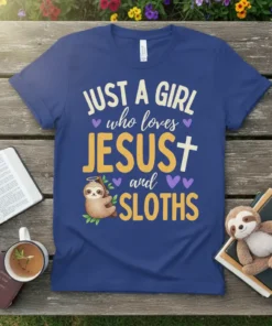 T-shirt with "Just a Girl Who Loves Jesus and Sloths" text and a cute sloth graphic, featuring purple hearts and