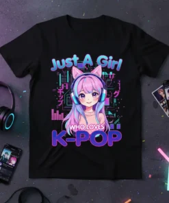 Just A Girl WHO LOVES K-POP t-shirt with a cute anime girl wearing headphones and pink cat ears