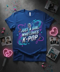 Just A Girl Who Loves K-POP text design with microphone and music notes on a blue t-shirt