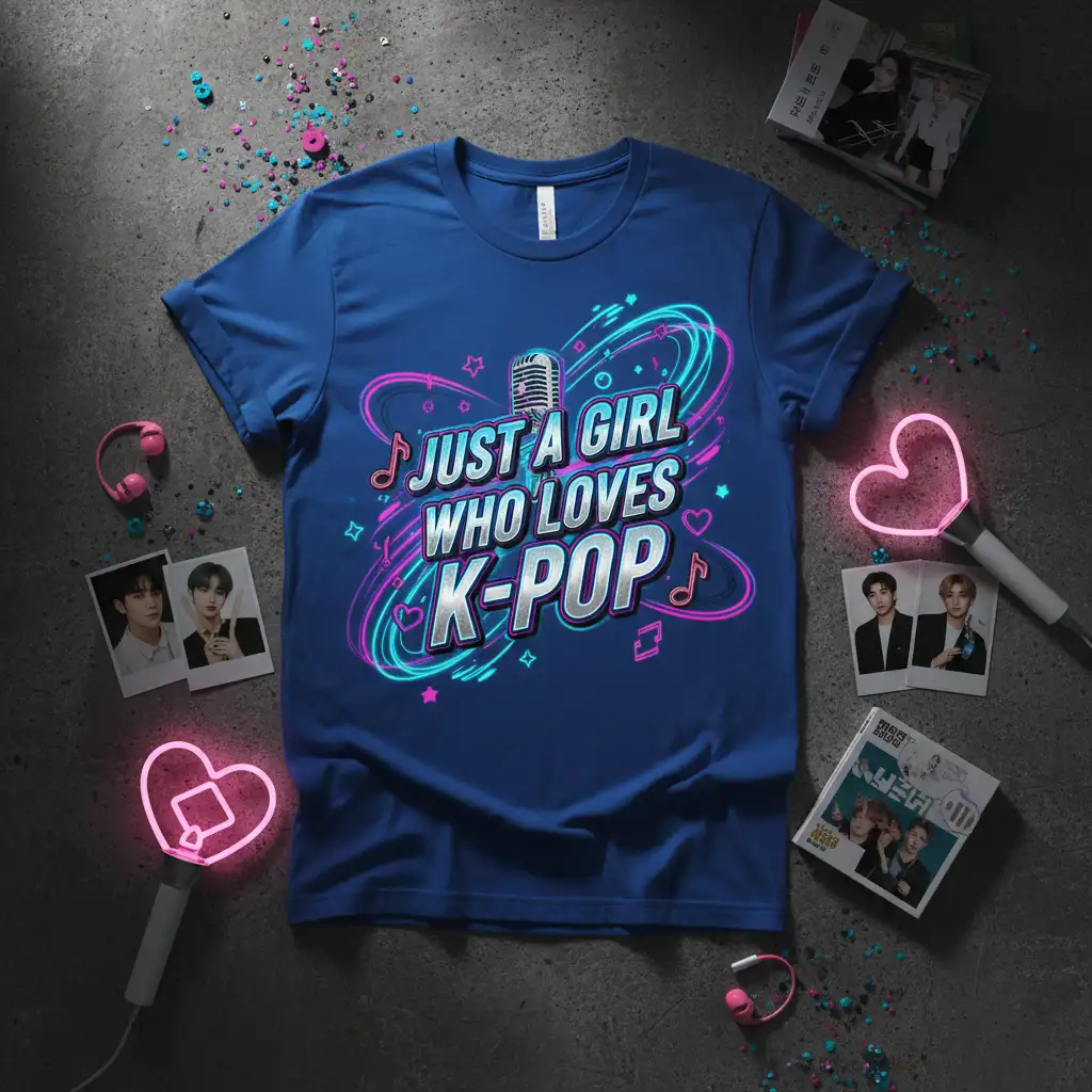 Just A Girl Who Loves K-POP quote with retro microphone and neon swirls on blue t-shirt