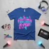 Graphic t-shirt design with neon pink and blue text that reads "JUST A GIRL WHO LOVES K-POP"