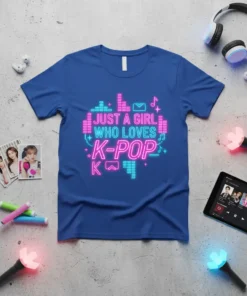 Graphic t-shirt design with neon pink and blue text that reads "JUST A GIRL WHO LOVES K-POP"