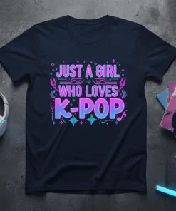 Just A Girl Who Loves K-POP text design with neon pink and blue accents, featuring microphones and musical notes on