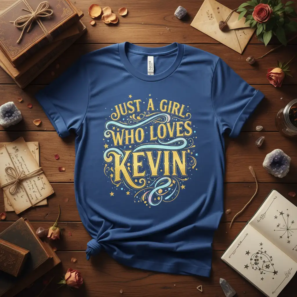 Just A Girl Who Loves Kevin quote in decorative typography on a navy blue t-shirt