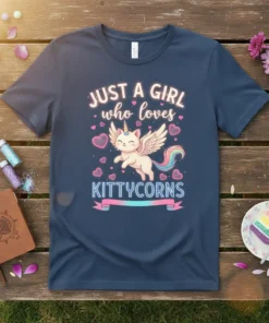 JUST A GIRL who loves KITTYCORNS text with a cute cat unicorn graphic on a navy blue t-shirt