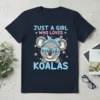 Just A Girl Who Loves Koalas text with a cute koala wearing sunglasses and a bandana graphic