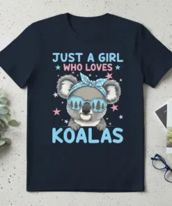 Just A Girl Who Loves Koalas text with a cute koala wearing sunglasses and a bandana graphic