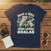 Just a Girl WHO LOVES KOALAS text with three cute koalas on a branch, featuring green leaves and yellow stars