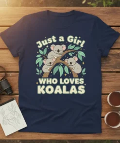 Just a Girl WHO LOVES KOALAS text with three cute koalas on a branch, featuring green leaves and yellow stars
