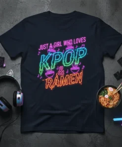 Just A Girl Who Loves KPOP & RAMEN neon text design on a navy t-shirt, with graphics of ramen bowls
