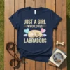 Just A Girl Who Loves Labradors T-Shirt with a sleeping Labrador and hearts graphic