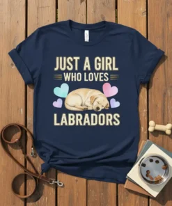 Just A Girl Who Loves Labradors T-Shirt with a sleeping Labrador and hearts graphic