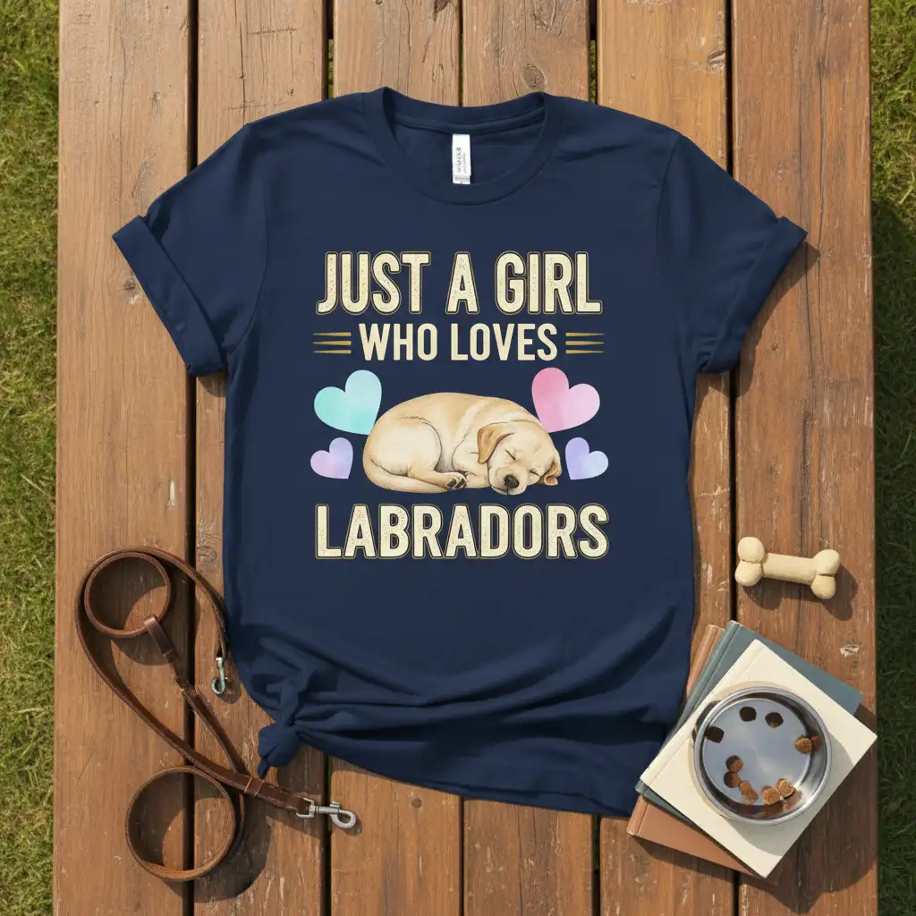 Just A Girl Who Loves Labradors text with sleeping puppy graphic on a navy t-shirt