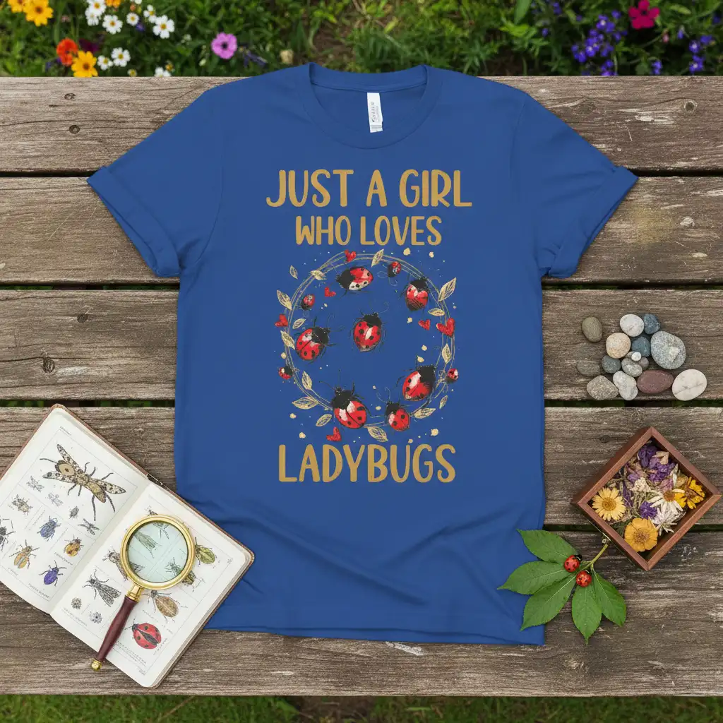 Just A Girl Who Loves Ladybugs quote with a wreath of ladybugs and leaves on a blue t-shirt