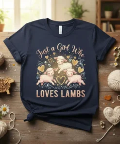 Just a Girl Who LOVES LAMBS text with cute cartoon lambs and gold hearts on a navy blue t-shirt