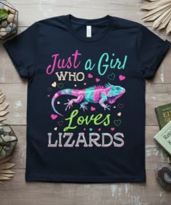 Just a Girl WHO Loves LIZARDS text with a colorful iguana graphic on a navy t-shirt