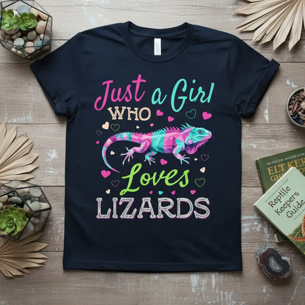 Just a Girl WHO Loves LIZARDS text design featuring a colorful geometric iguana graphic