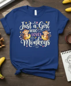 Just a Girl WHO LOVES Monkeys text with cute cartoon monkeys holding bananas on a blue t-shirt