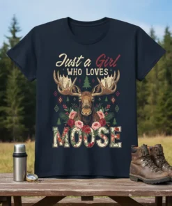 Just a Girl Who Loves Moose t-shirt with a detailed illustration of a moose, surrounded by roses and pine trees