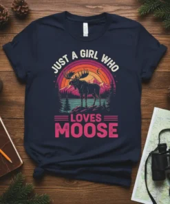 Just a Girl Who Loves Moose text with a graphic of a moose in a mountain landscape at sunset