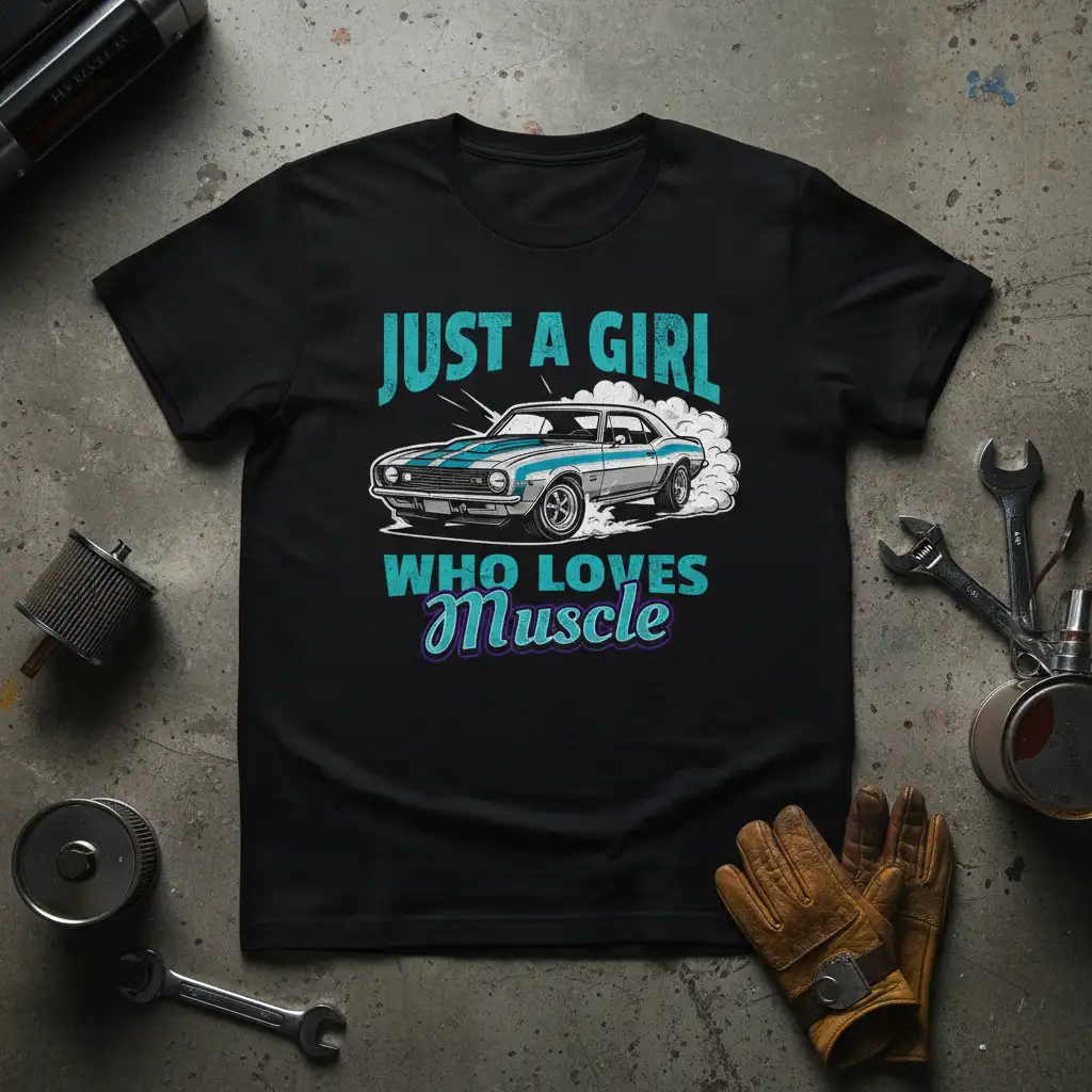 JUST A GIRL WHO LOVES Muscle text with a vintage muscle car graphic on a black t-shirt