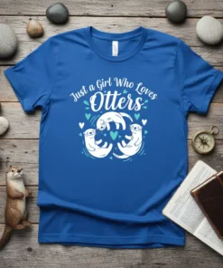 Just a Girl Who Loves Otters text with three playful white otters graphic on a blue t-shirt