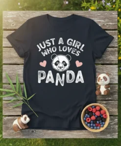Black t-shirt with white text "JUST A GIRL WHO LOVES PANDA" and a geometric panda face graphic