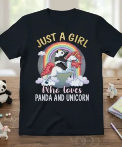 Just A Girl Who Loves Panda And Unicorn text with a panda riding a unicorn under a rainbow