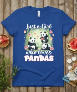 Just a Girl who loves PANDAS text with cute pandas and bamboo graphic on blue t-shirt