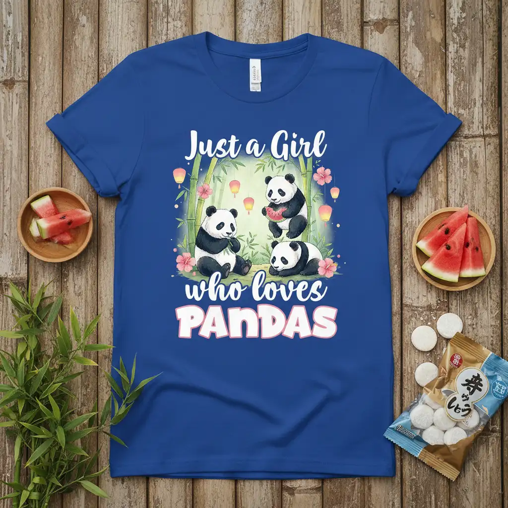 Just a Girl who loves PANDAS quote with cute panda graphics and bamboo illustration