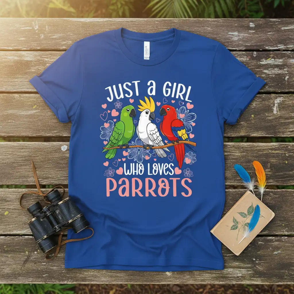 Just a Girl Who Loves Parrots t-shirt featuring three colorful parrots on a branch with floral details