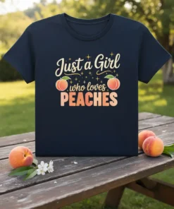 T-shirt with "Just a Girl who loves PEACHES" text and peach graphics, navy blue tee