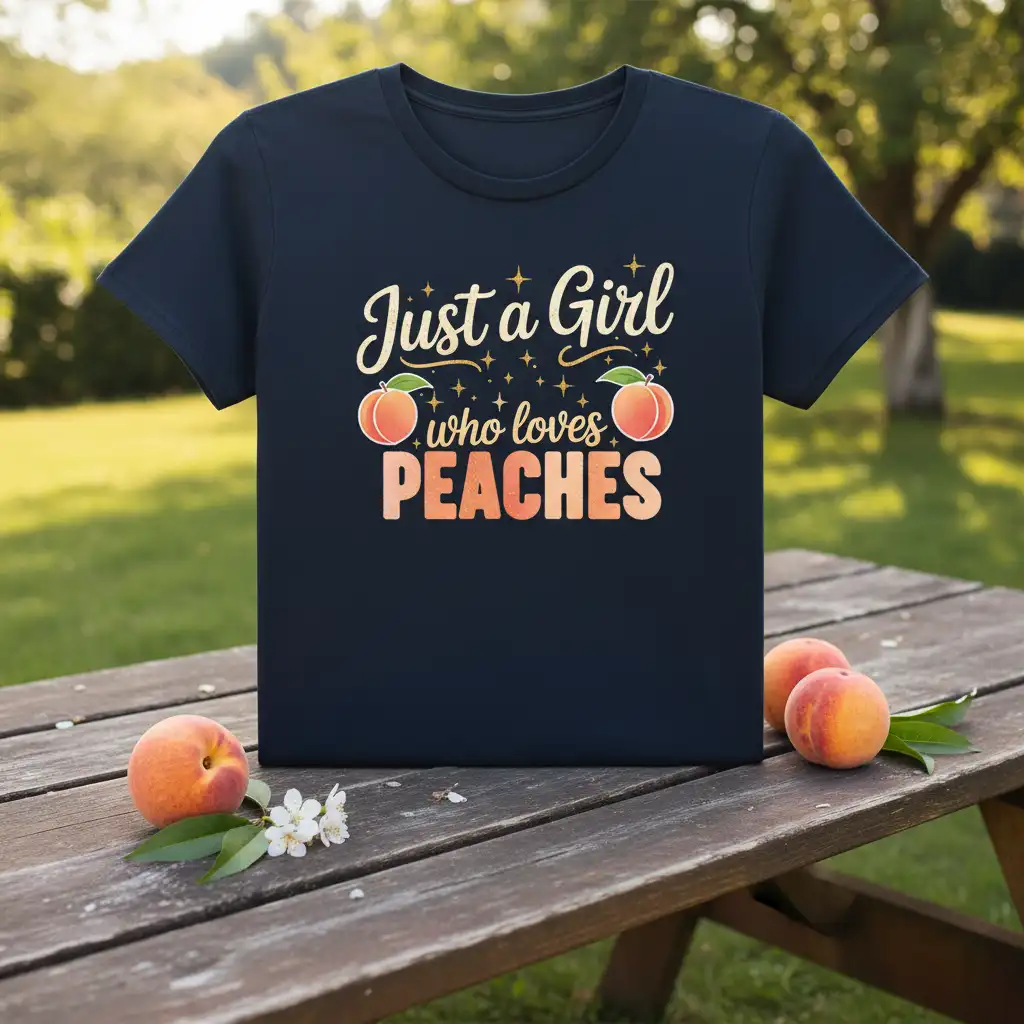 Just a Girl who loves PEACHES text with peach graphics on a navy blue t-shirt