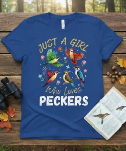 Just A Girl Who Loves Peckers t-shirt with colorful woodpecker illustrations and floral accents