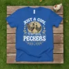 Just A Girl Who Loves Peckers t-shirt with rooster and hen graphic, farm animal design