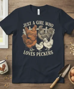 Just A Girl Who Loves Peckers t-shirt design featuring chickens and a rooster graphic with rustic text