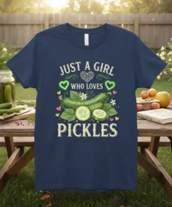 T-shirt design with text "JUST A GIRL WHO LOVES PICKLES" above a graphic of cucumbers and green hearts