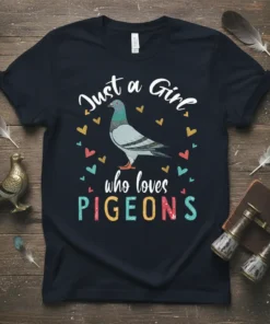 T-shirt with text "Just a Girl who loves PIGEONS" and a pigeon graphic surrounded by hearts