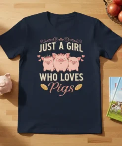 Just a Girl Who Loves Pigs text design with three cute cartoon pigs wearing crowns and flowers, on a navy