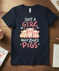Just A Girl Who LOVES PIGS text with three cute cartoon pigs illustration on a navy blue t-shirt