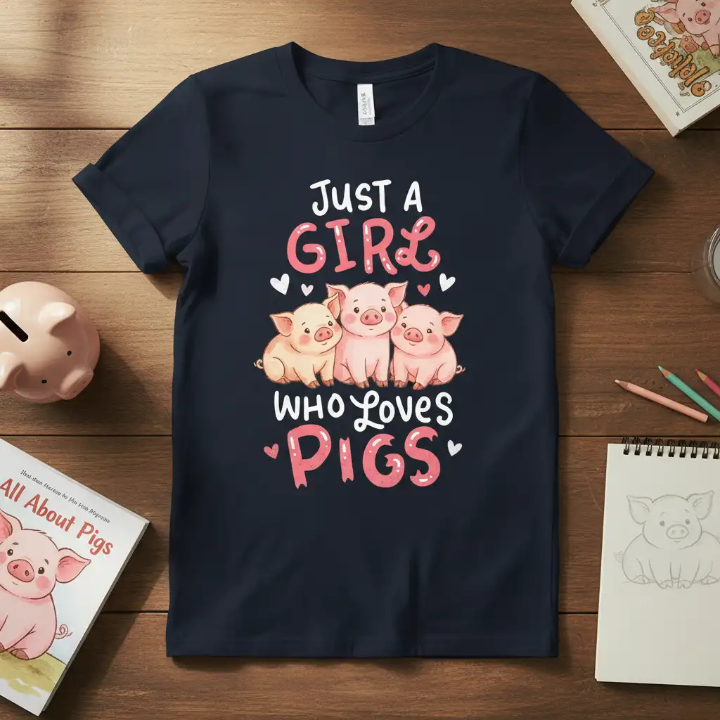 Just A Girl Who LOVES PIGS text and illustration of three cute pigs on a navy blue t-shirt