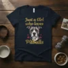 Just a Girl who loves Pitbulls text with a cute Pitbull dog portrait and heart graphics on a navy t-shirt