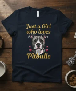 Just a Girl who loves Pitbulls text with a cute Pitbull dog portrait and heart graphics on a navy t-shirt